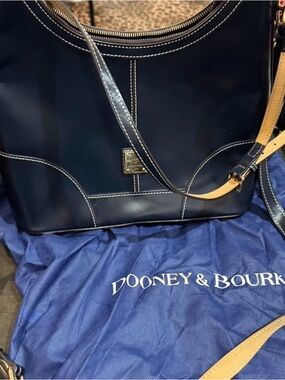 Dooney & Bourke Navy Leather Hobo with Tan Strap Accents